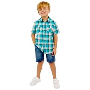Kids’ Headquarters - Plaid Shirt and Jean Shorts (2-Piece Set)